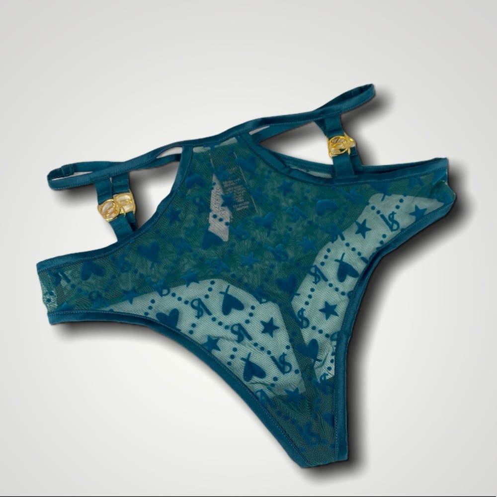 Green Ringmaster Bra and Thong Set Velvet/Mesh XS - Picture 7 of 8